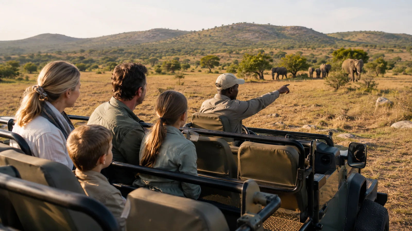 Family on a game drive vehicle watching elephants at a malaria-free reserve in South Africa with a guide pointing, warm daytime light, family safari travel photography