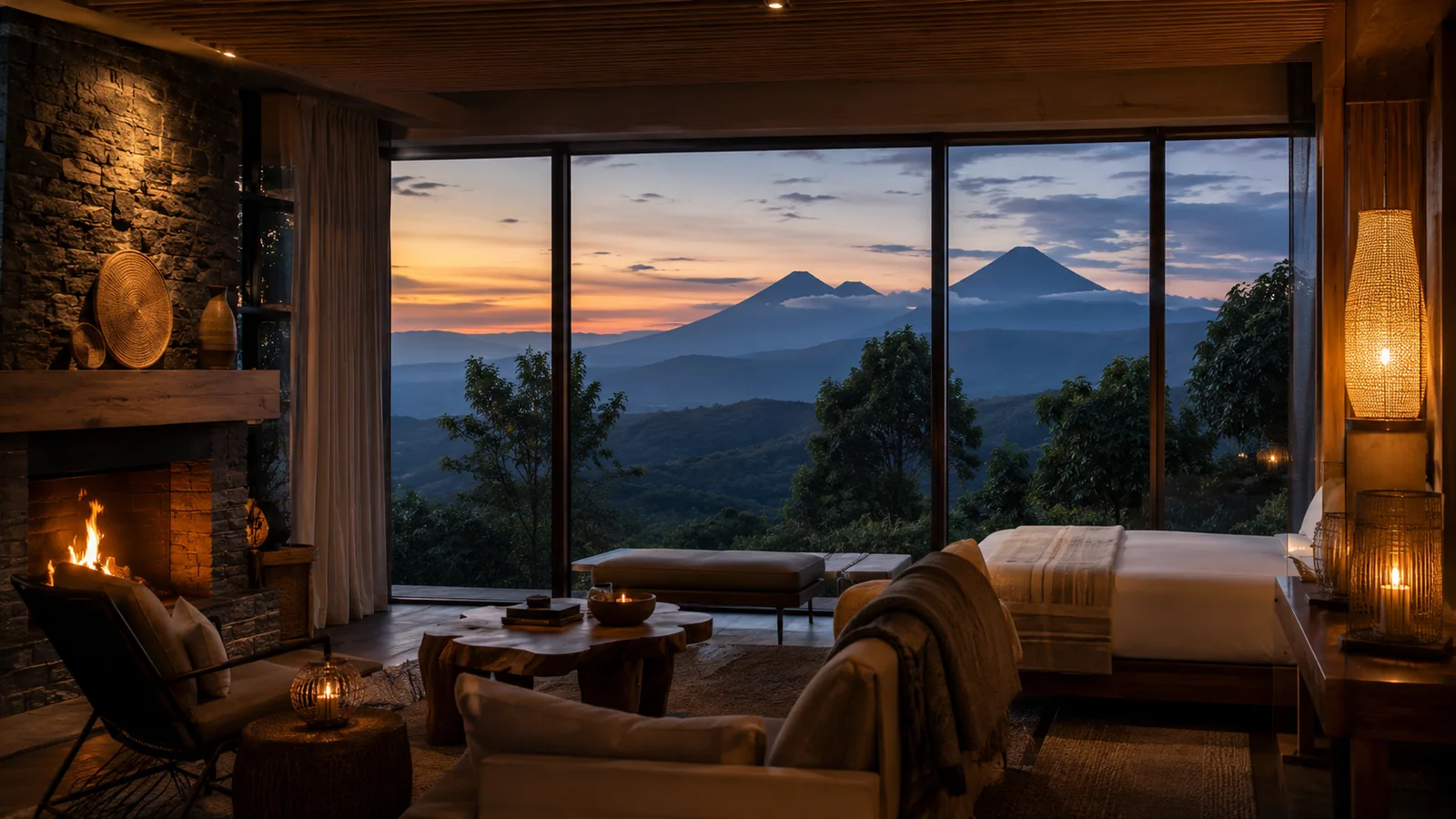 Luxury lodge suite with a fireplace and floor-to-ceiling windows overlooking the volcanoes of northern Rwanda at dusk, refined safari lodge photography