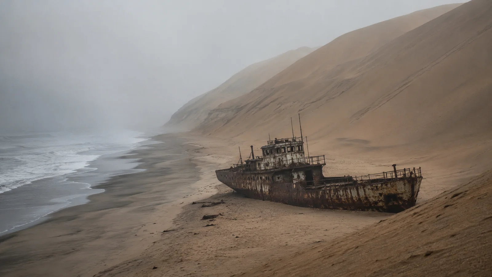 Foggy Skeleton Coast of Namibia where orange dunes meet the grey Atlantic Ocean with a shipwreck on the sand, moody atmospheric travel photography