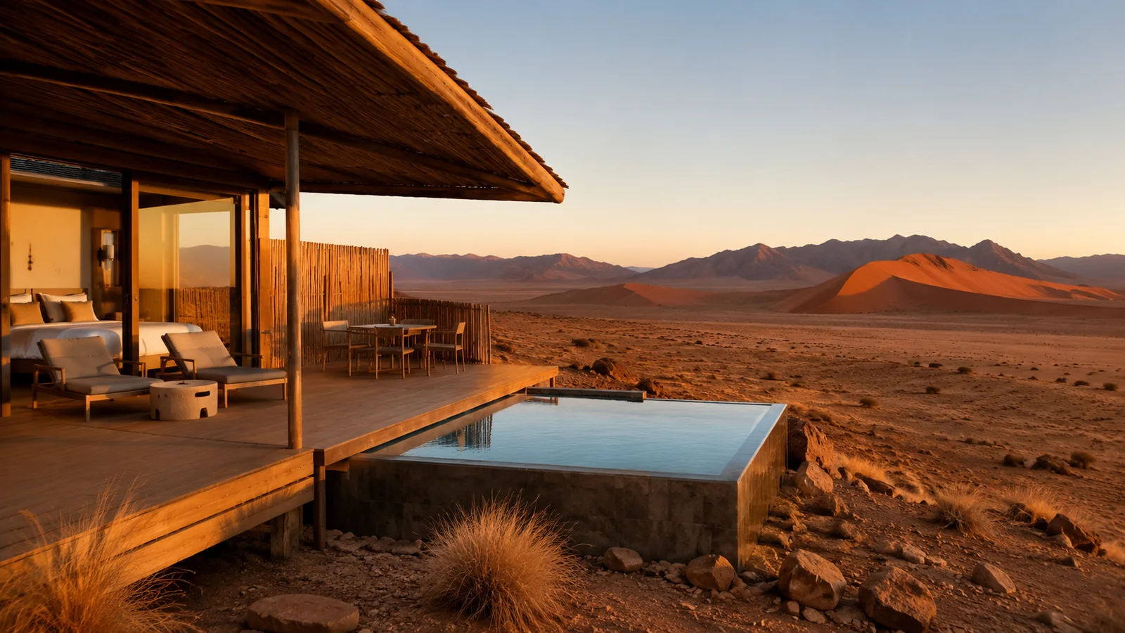 Luxury desert lodge with a private deck and plunge pool overlooking red dunes in Namibia at golden hour, refined minimalist safari lodge photography