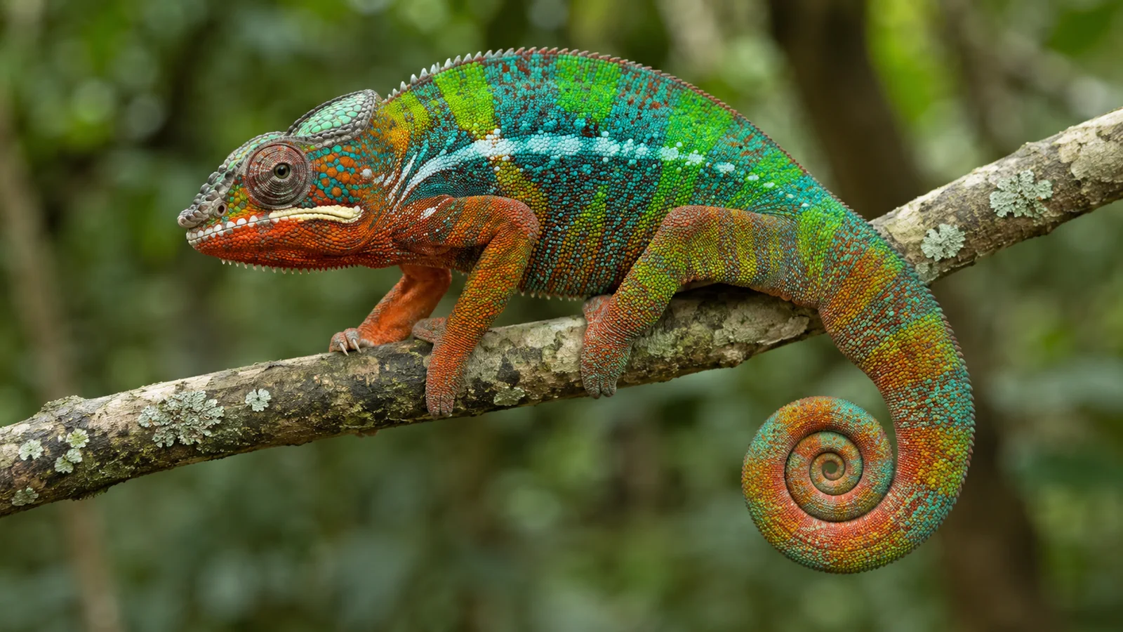Panther chameleon with vivid colors on a branch in a Madagascar forest with soft light, close-up wildlife travel photography