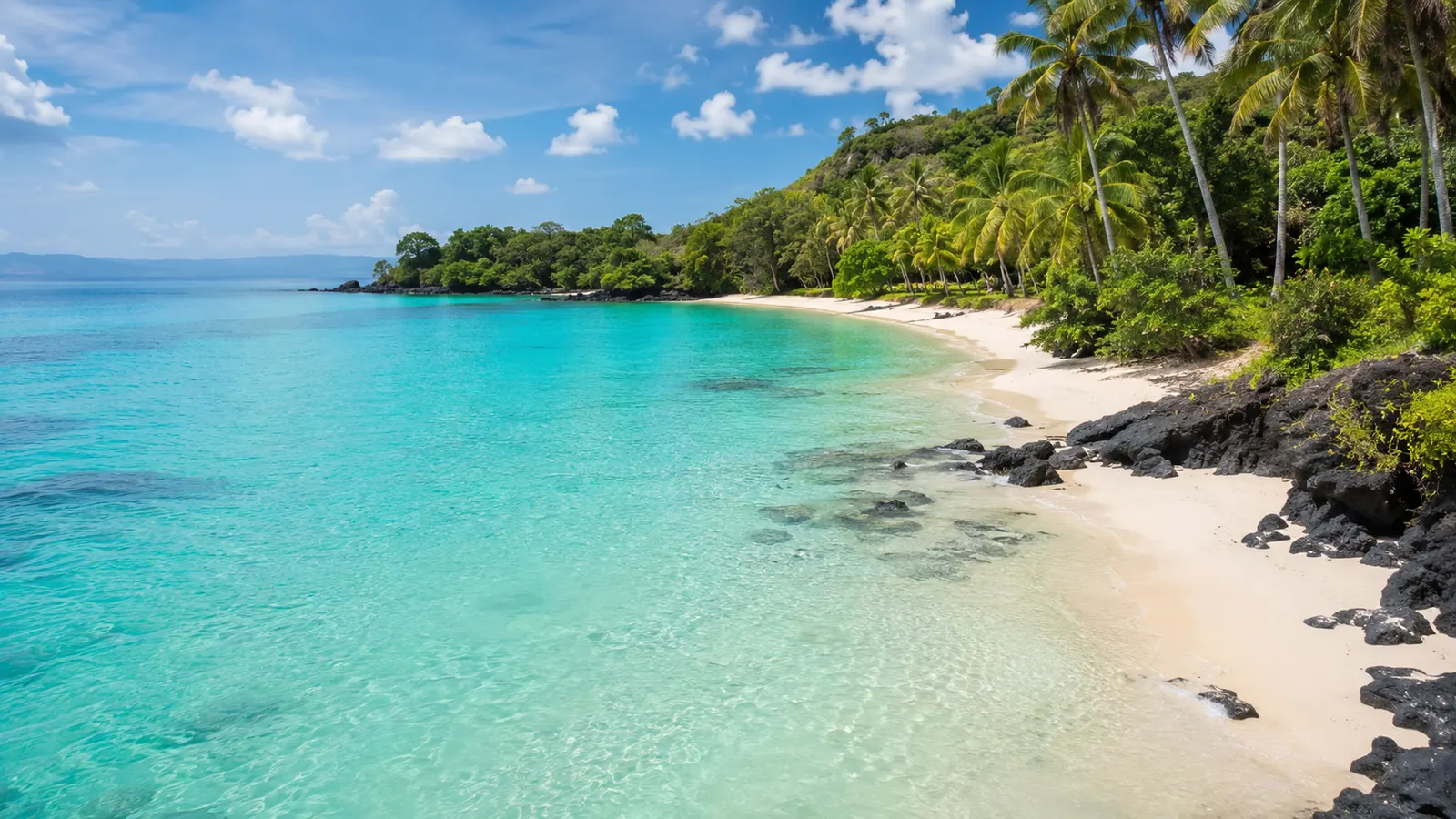 Turquoise lagoon and white sand beach with palm trees on Nosy Be island Madagascar under bright tropical light, luxury island travel photography