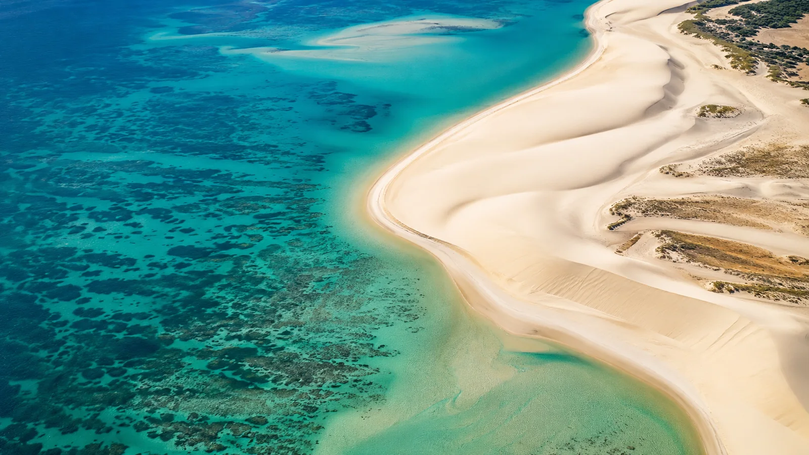 Turquoise shallows and towering sand dunes of the Bazaruto Archipelago in Mozambique seen from above, bright tropical light, luxury island travel photography