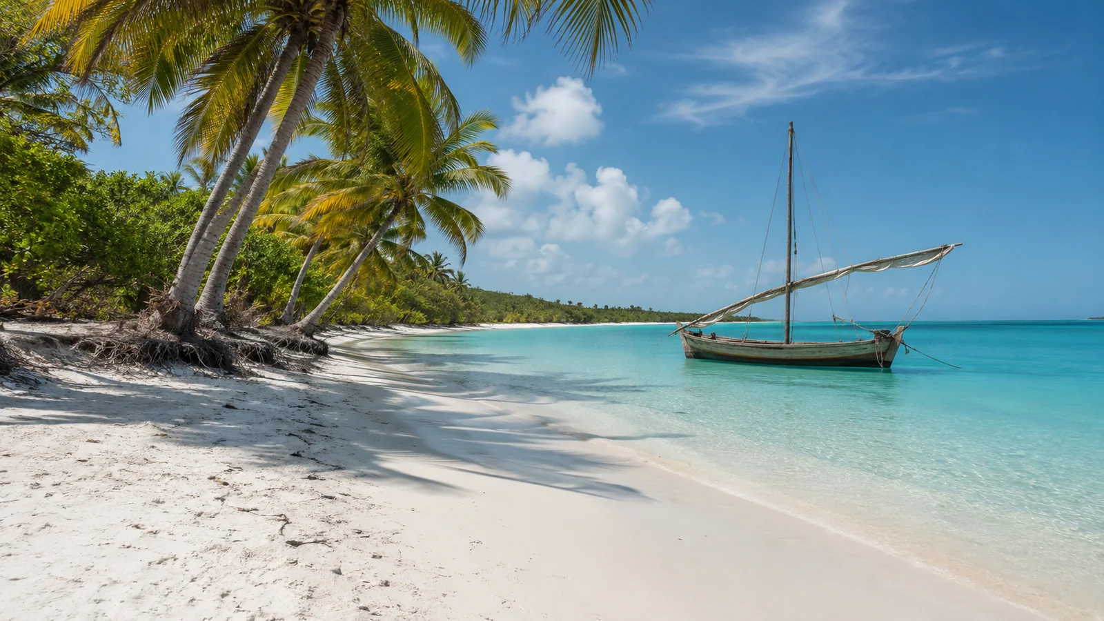 Remote white sand beach and coconut palms on a Quirimbas island in northern Mozambique with a traditional dhow at anchor, secluded tropical travel photography