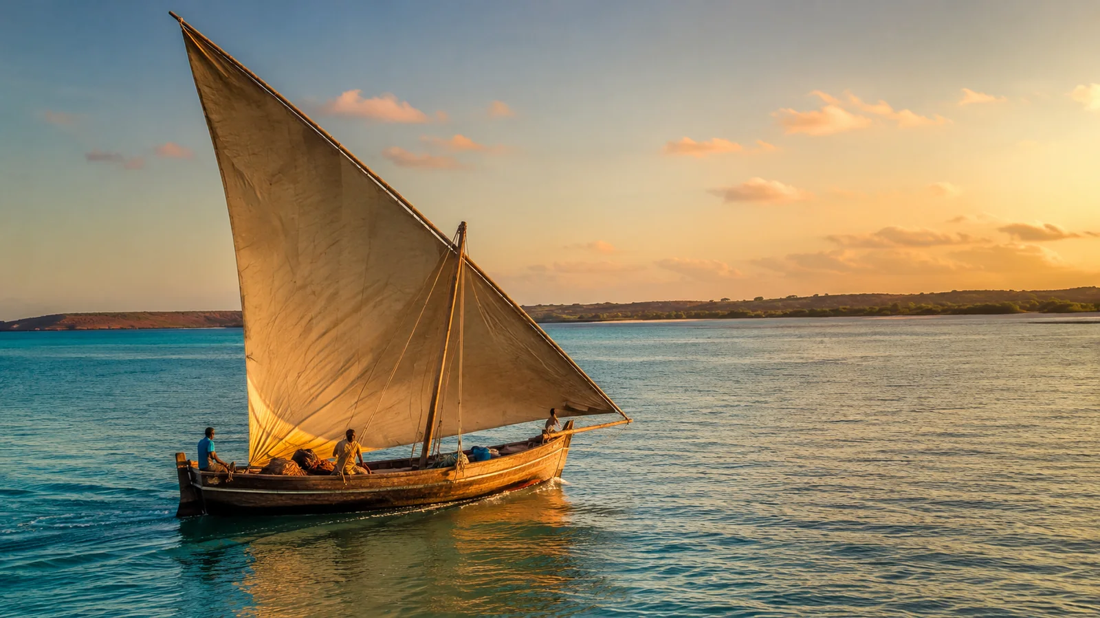 Traditional wooden dhow sailing on calm turquoise water off Mozambique at golden hour with sail full, serene nautical travel photography