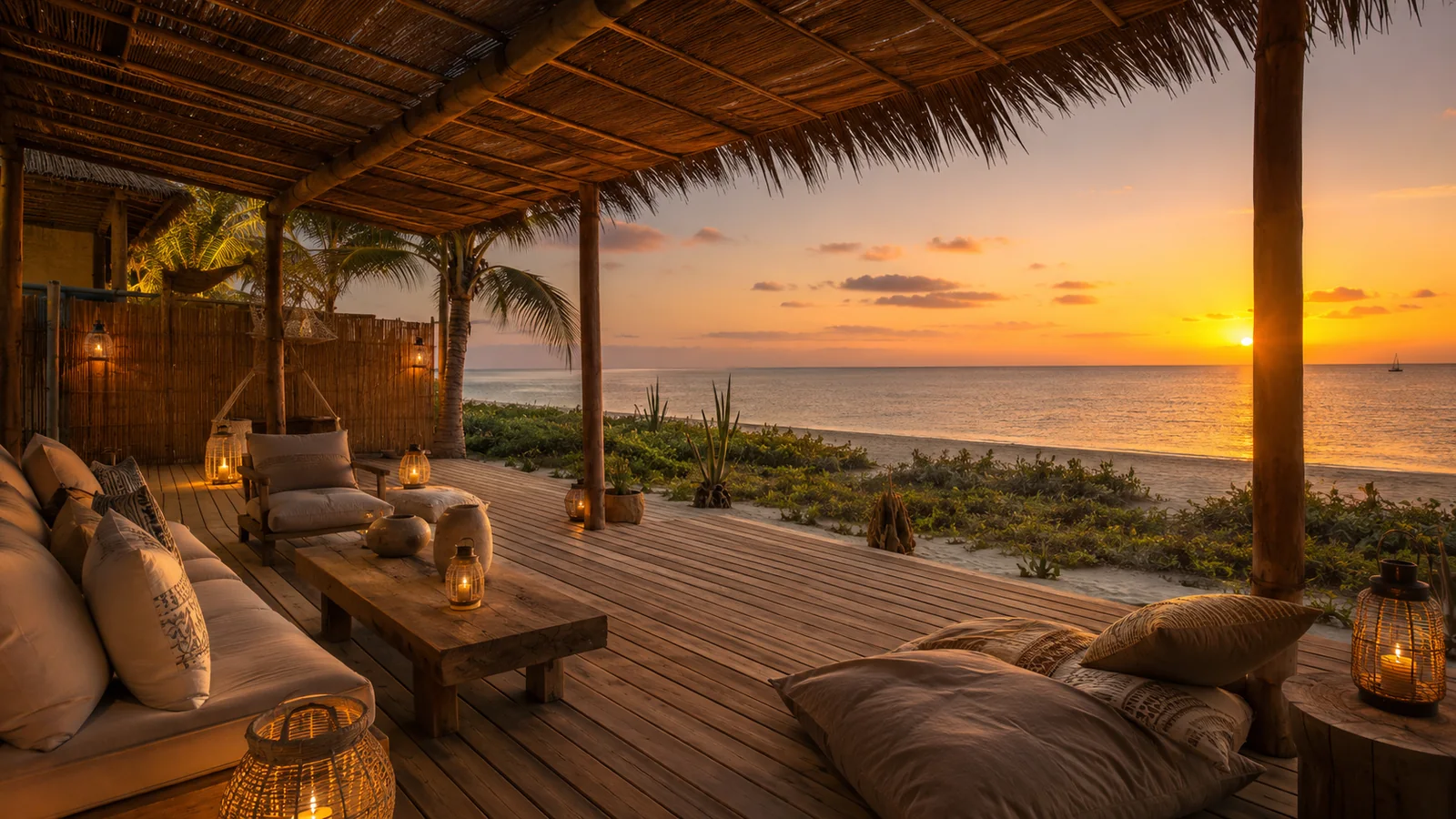 Overwater or beachfront villa deck on a Mozambique island at sunset with lanterns and calm ocean horizon, warm tropical ambience, luxury travel photography