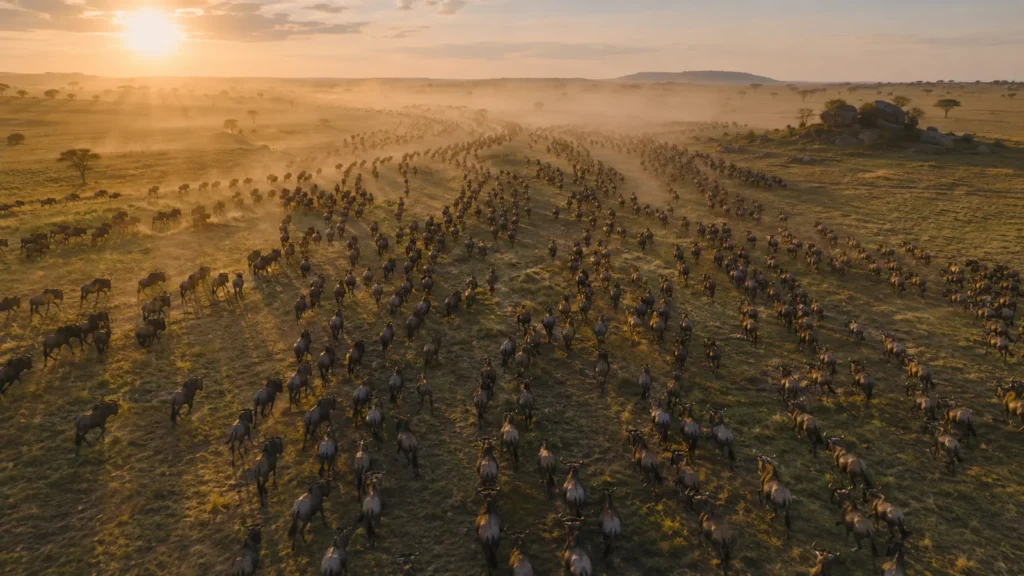 Vast wildebeest herd stretching across the Serengeti plains at sunrise with golden light and dust haze, iconic Great Migratio