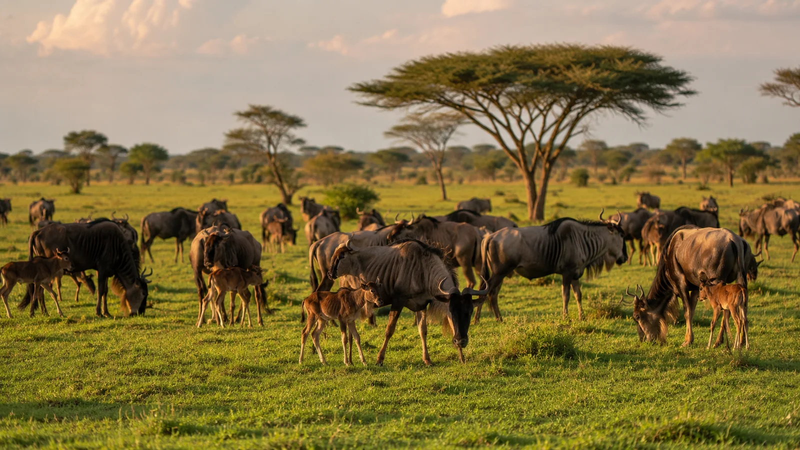 Wildebeest herd with newborn calves on the green Ndutu plains in southern Serengeti at golden hour with scattered acacias, wildlife travel photography