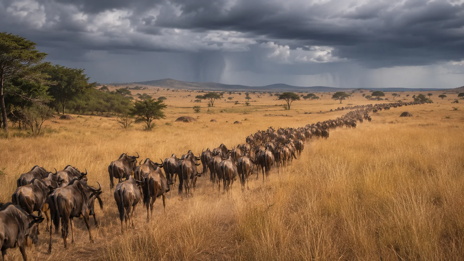 Massive column of wildebeest stretching across golden Serengeti savannah toward the western corridor with storm clouds gathering, dramatic safari photography