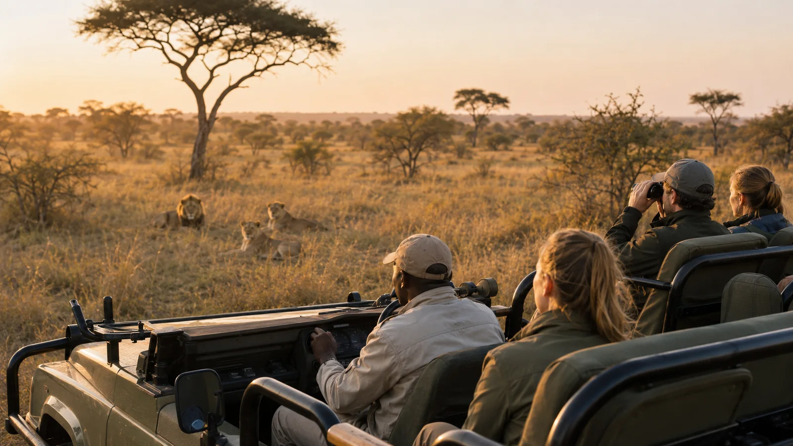 Safari guide and travelers watching lions from an open vehicle on a morning game drive in the African bush with warm sunrise light, luxury safari travel photography
