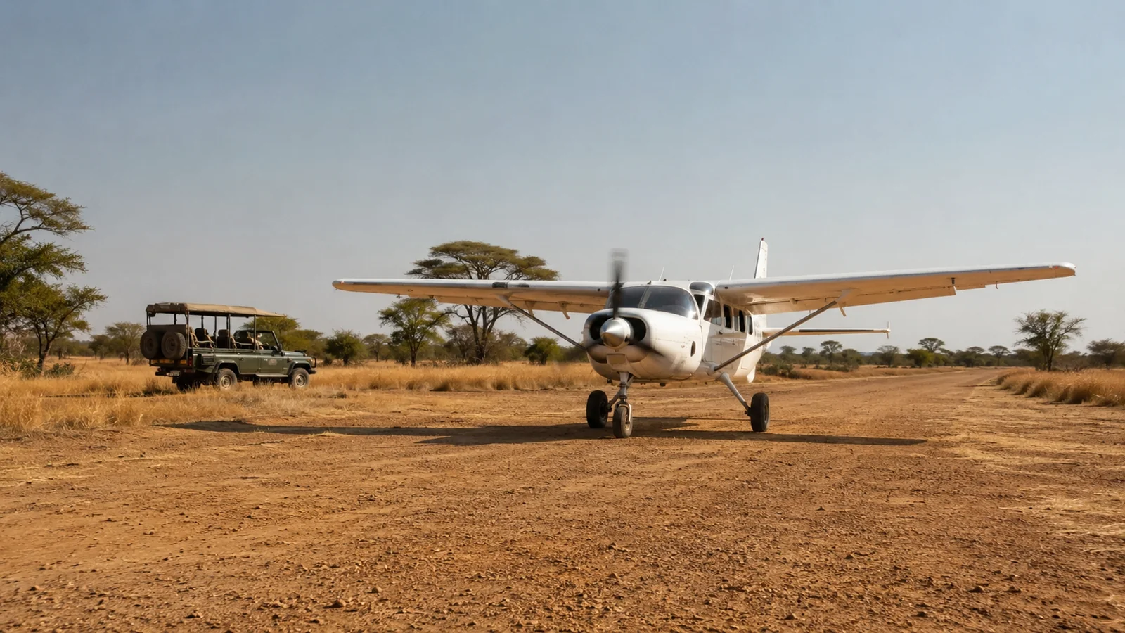 Light aircraft on a remote bush airstrip in the African savannah with golden grassland and a safari vehicle parked nearby, fly-in safari logistics travel photography