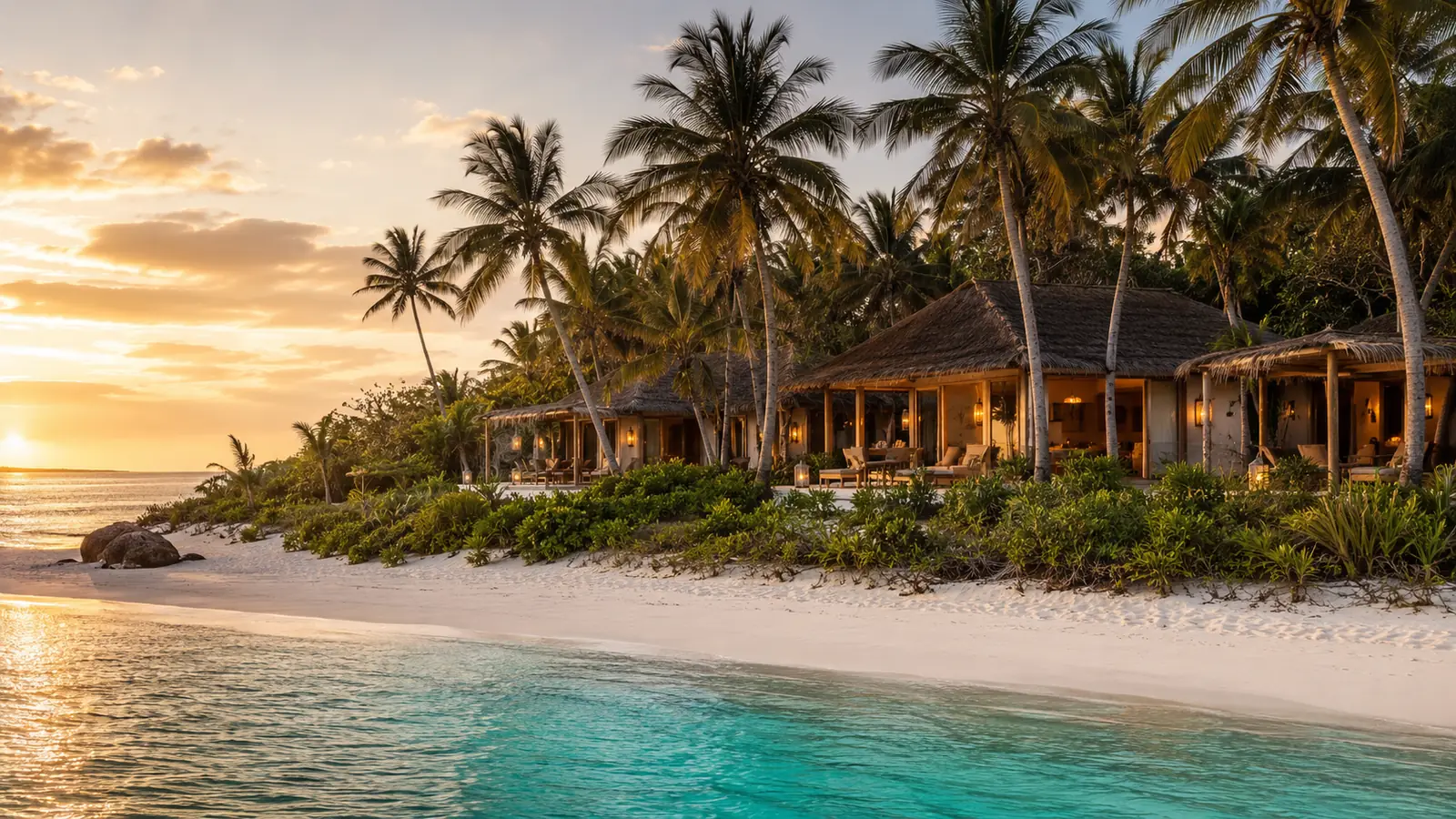 Luxury beachfront lodge with turquoise water and tropical palms on a remote Indian Ocean island at golden hour, refined barefoot island travel photography