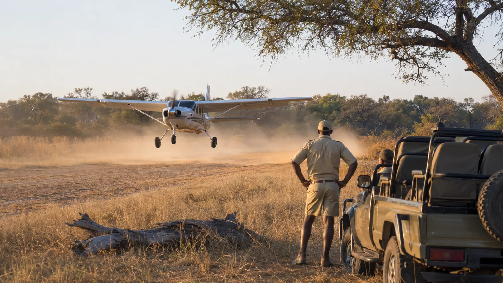 Light aircraft landing on a remote bush airstrip in Botswana with a safari guide waiting beside a vehicle, fly-in safari logistics travel photography