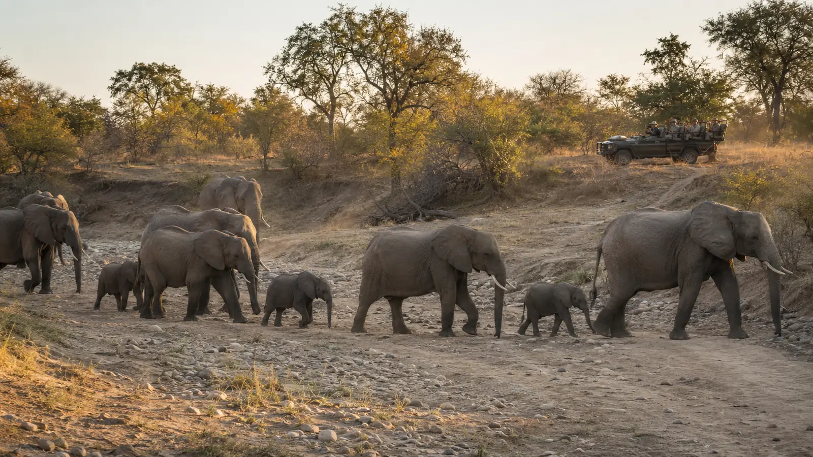 Elephant herd crossing a dry riverbed in the greater Kruger at golden hour with a luxury safari vehicle observing from a distance, refined wildlife safari photography
