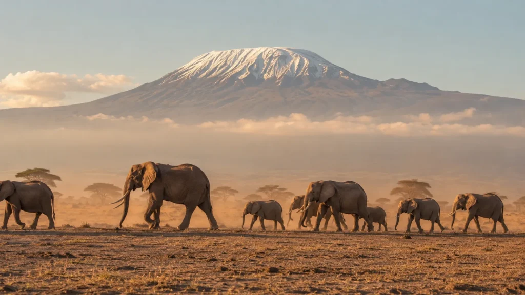 Amboseli National Park — panoramic view of elephant herd crossing dusty plains with snow-capped Mount Kilimanjaro dominating
