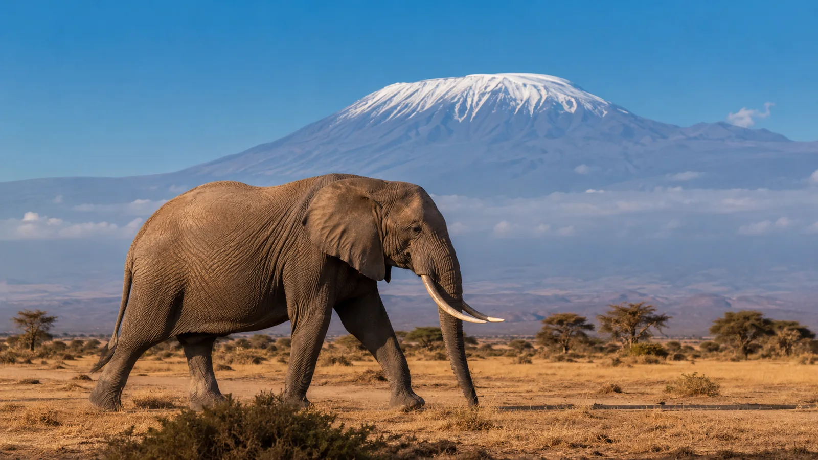 Large elephant matriarch with massive tusks walking across dry Amboseli plains with Mount Kilimanjaro snow-capped in the background, iconic African safari photography