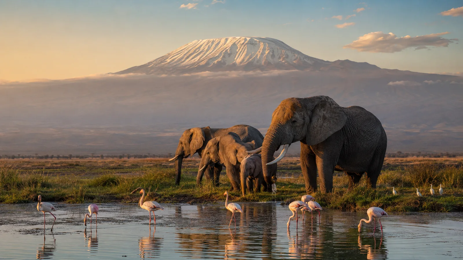 Amboseli swamp with flamingos and elephants drinking at the water's edge with Mount Kilimanjaro perfectly clear at dawn, golden light, scenic safari photography
