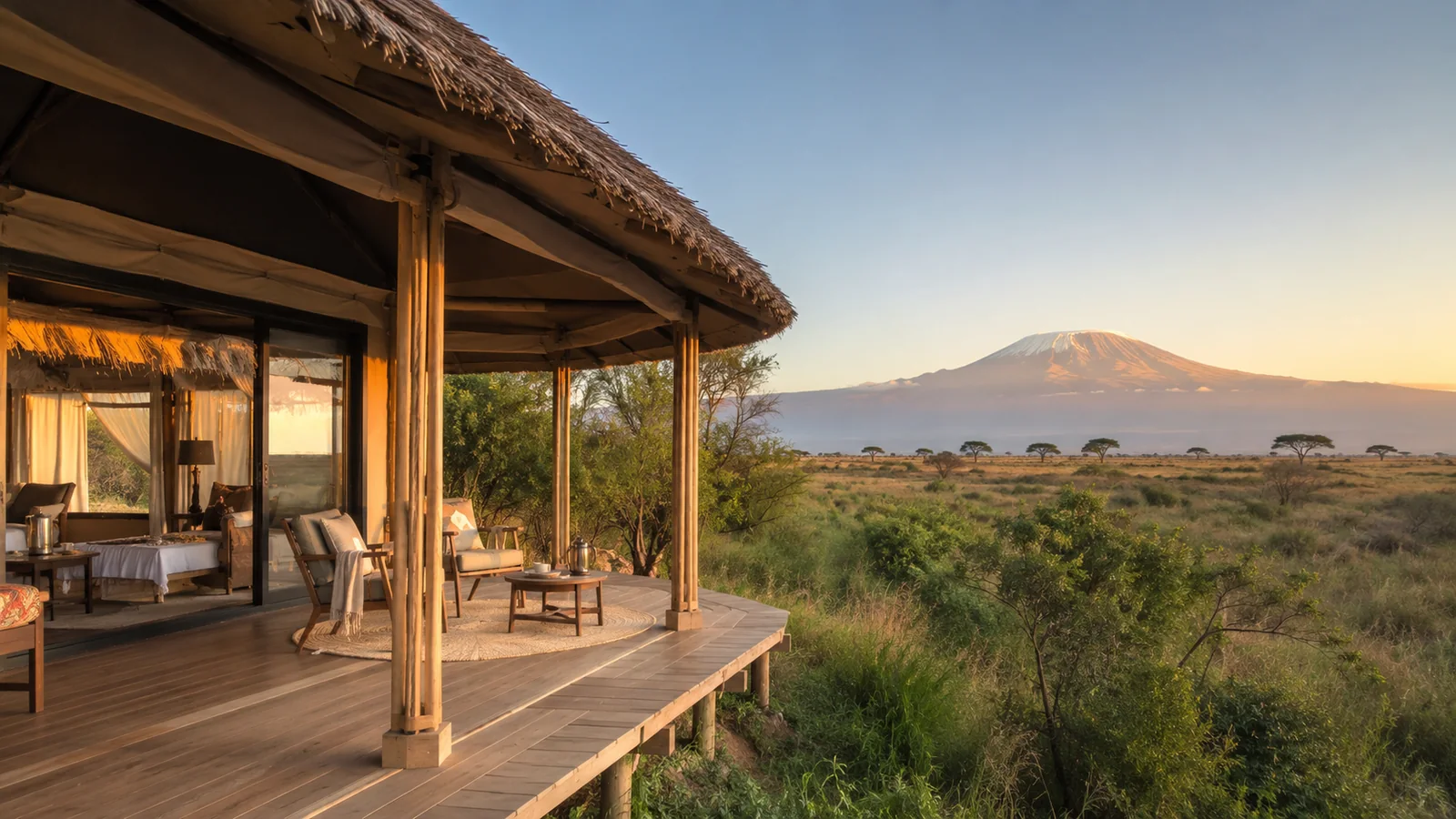 Luxury tented safari lodge with a private veranda overlooking Amboseli plains and Mount Kilimanjaro at sunrise, refined safari accommodation travel photography