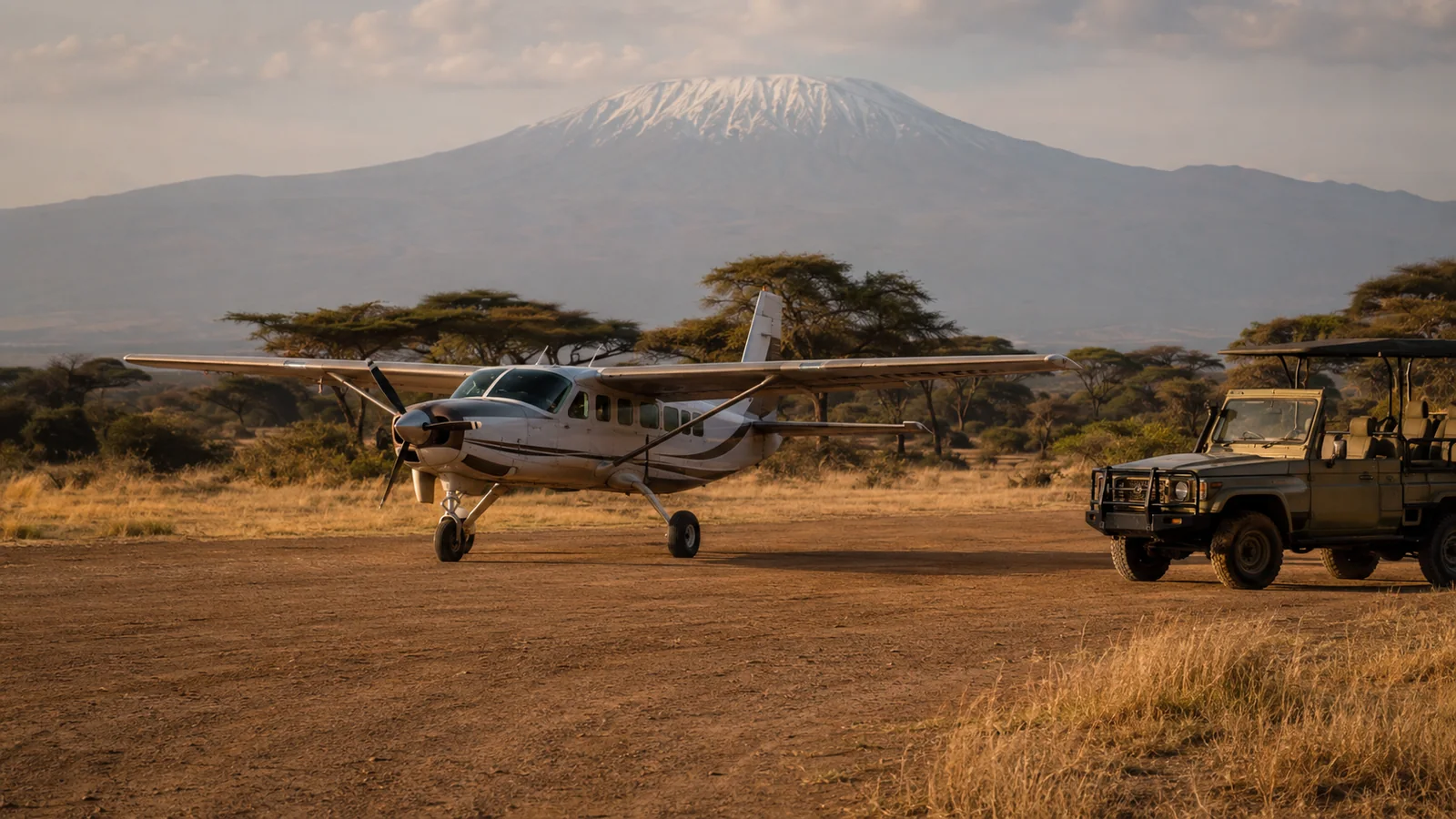 Light aircraft on a bush airstrip in Amboseli with Mount Kilimanjaro in the distant background and golden grassland, fly-in safari transfer travel photography