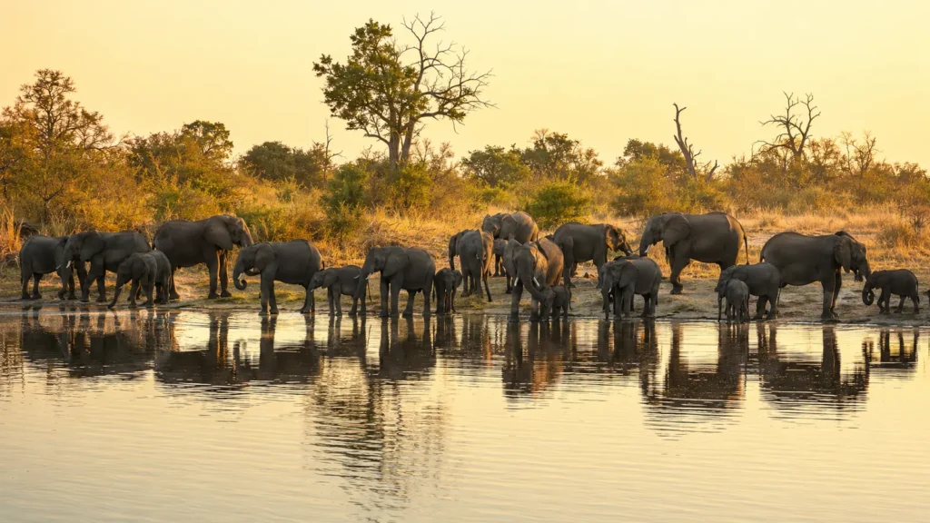 Chobe National Park — large elephant herd gathered along the Chobe River bank at sunset with calm water reflections and warm