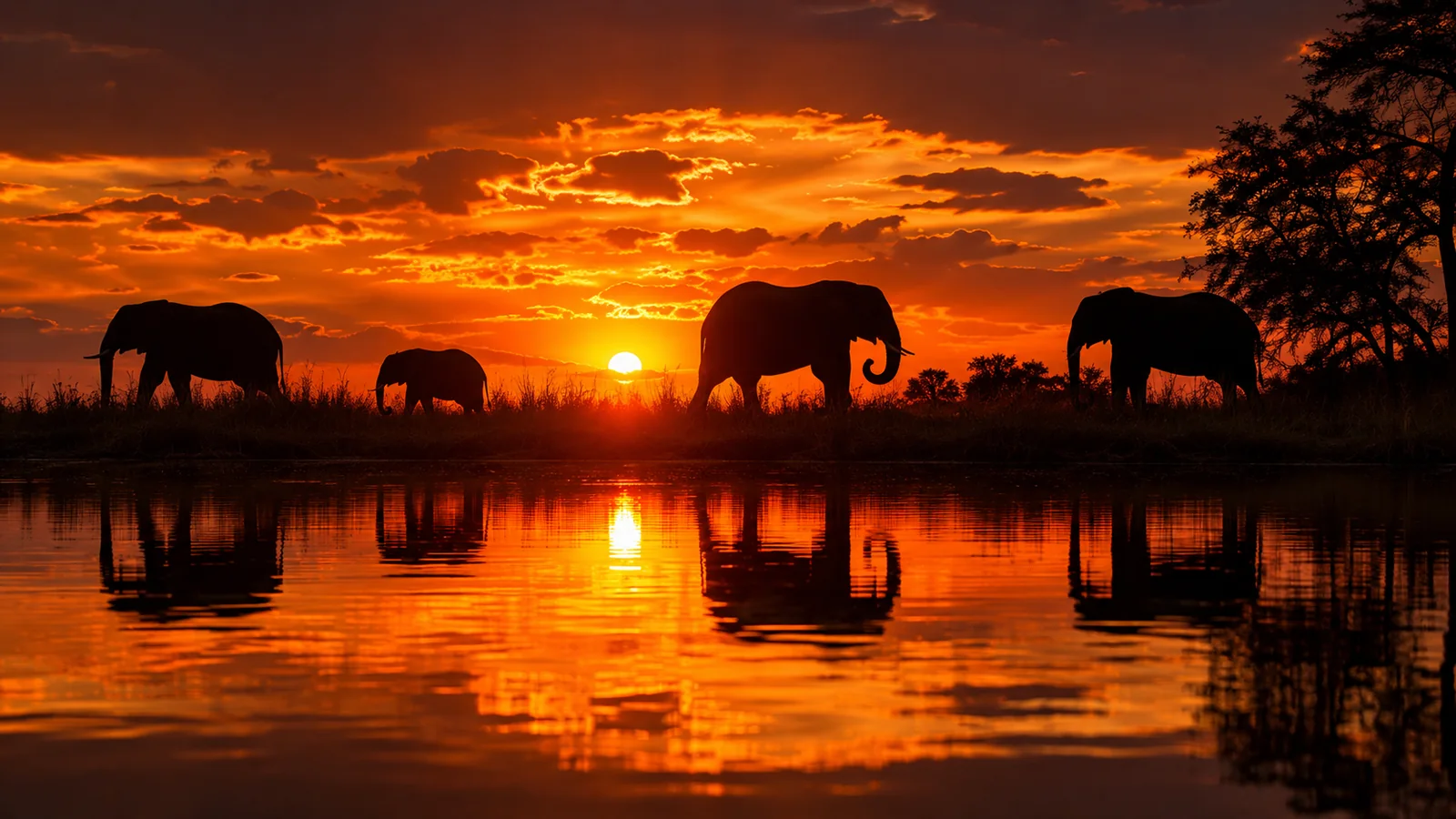 Elephants silhouetted against a fiery sunset on the banks of the Chobe River with still water reflecting the sky, dramatic African safari photography