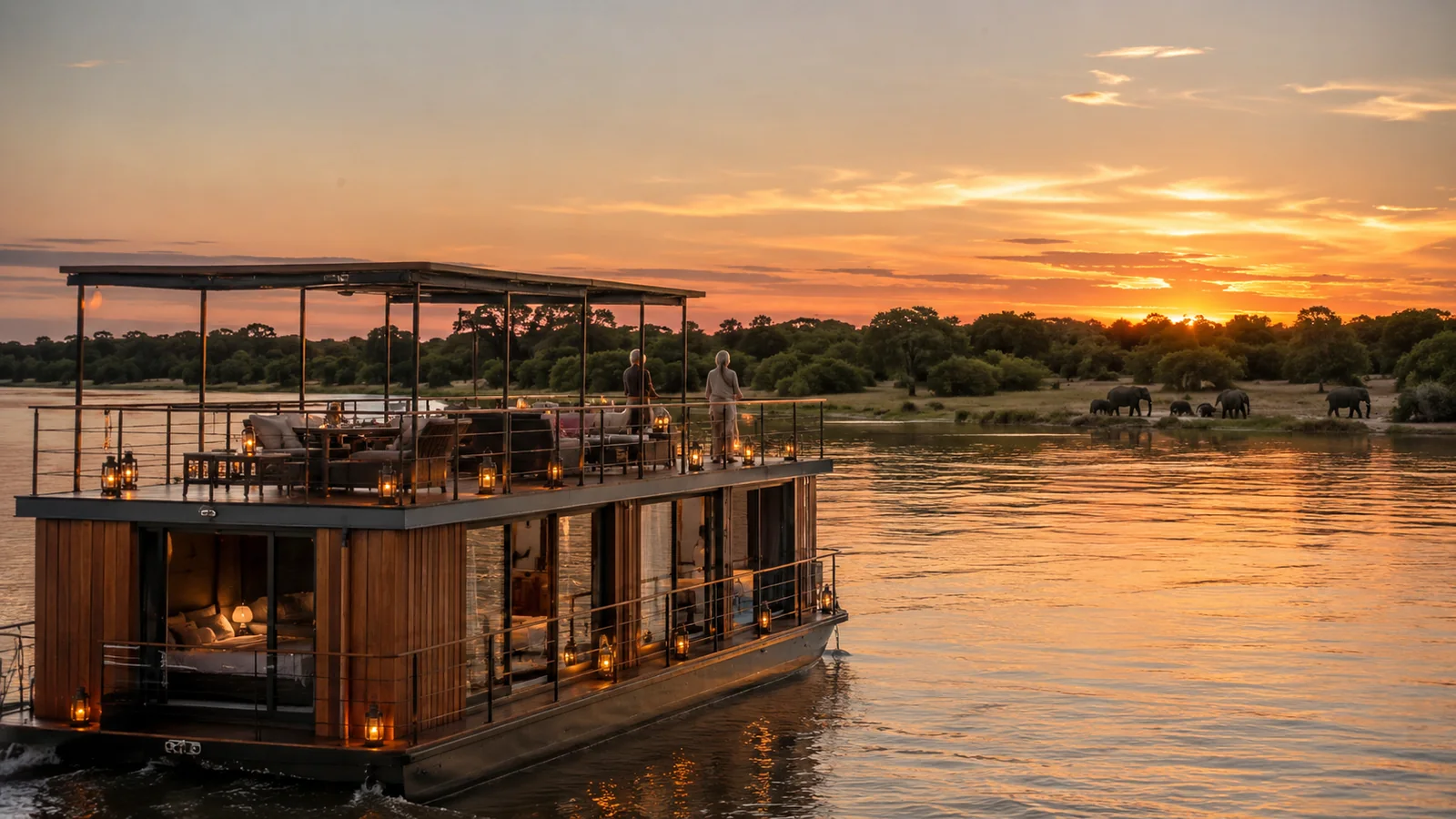 Luxury houseboat on the Chobe River at sunset with an open deck and lanterns, elephants visible on the far bank, refined river safari travel photography