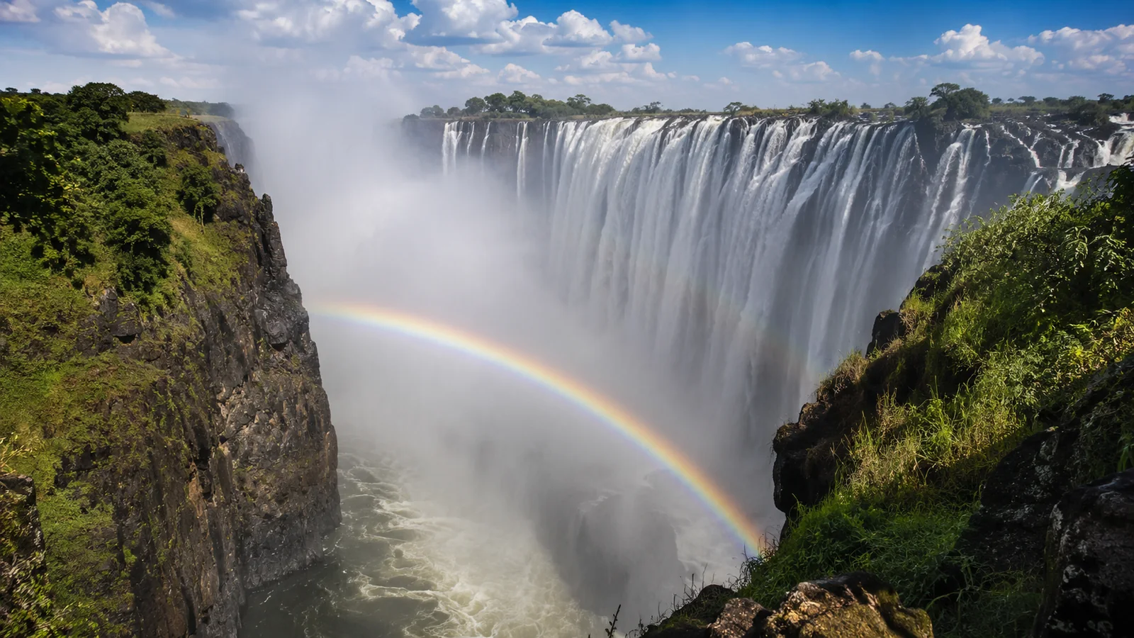 Victoria Falls seen from the Zambian side with mist rising from the gorge and a rainbow arching over the cascade, dramatic natural wonder travel photography