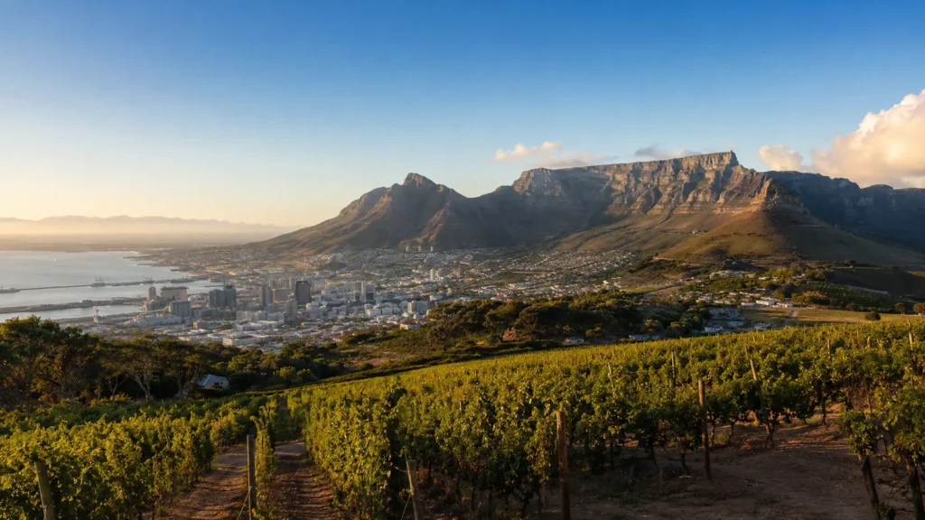 Cape Town panorama with Table Mountain rising behind the city bowl, vineyards in the foreground and the Atlantic Ocean to the