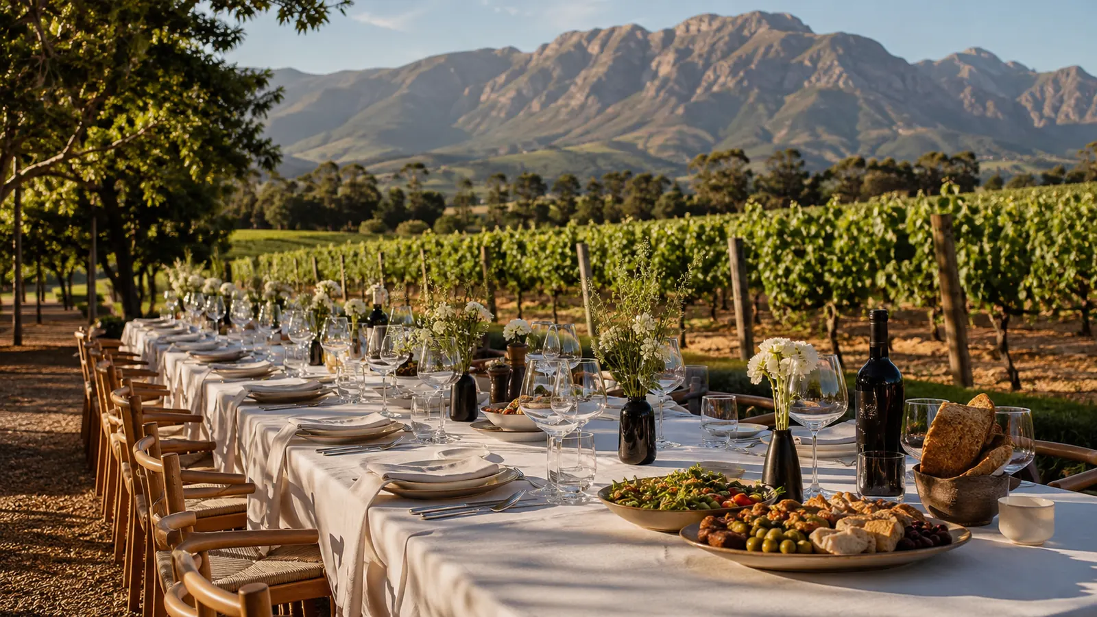 Long outdoor lunch table set among grapevines at a Cape Winelands estate with mountain views and warm afternoon light, refined gastronomy travel photography