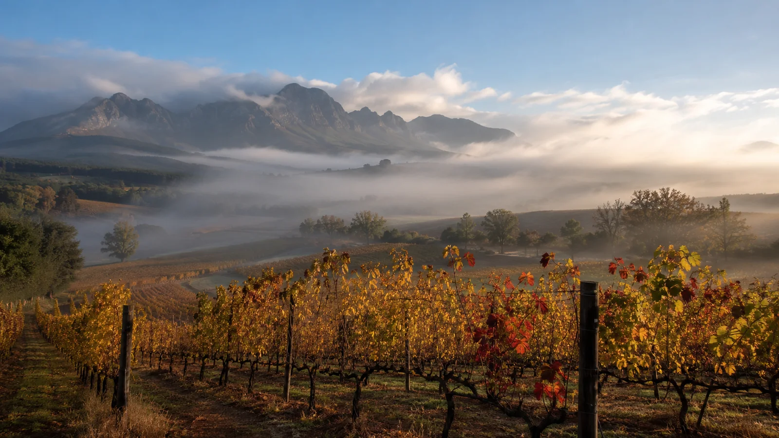 Misty morning over the Stellenbosch vineyards in autumn with golden and red vine leaves and mountain backdrop, atmospheric Cape Winelands travel photography