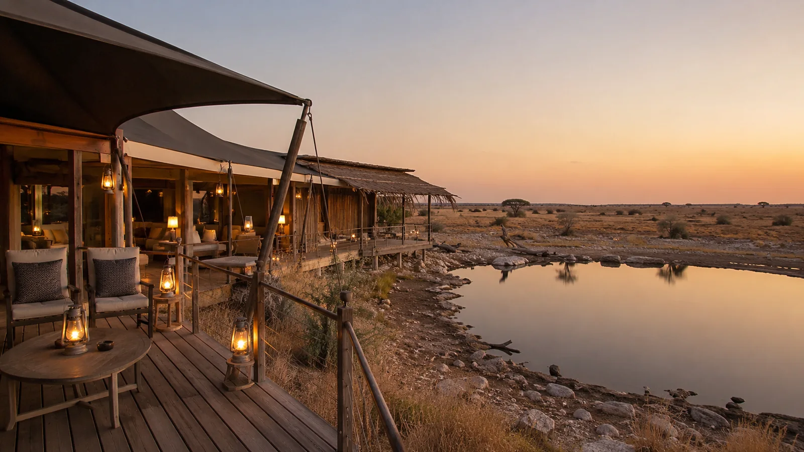 Luxury tented safari camp on the edge of the Etosha ecosystem with a private waterhole and warm evening light, refined Namibia lodge travel photography