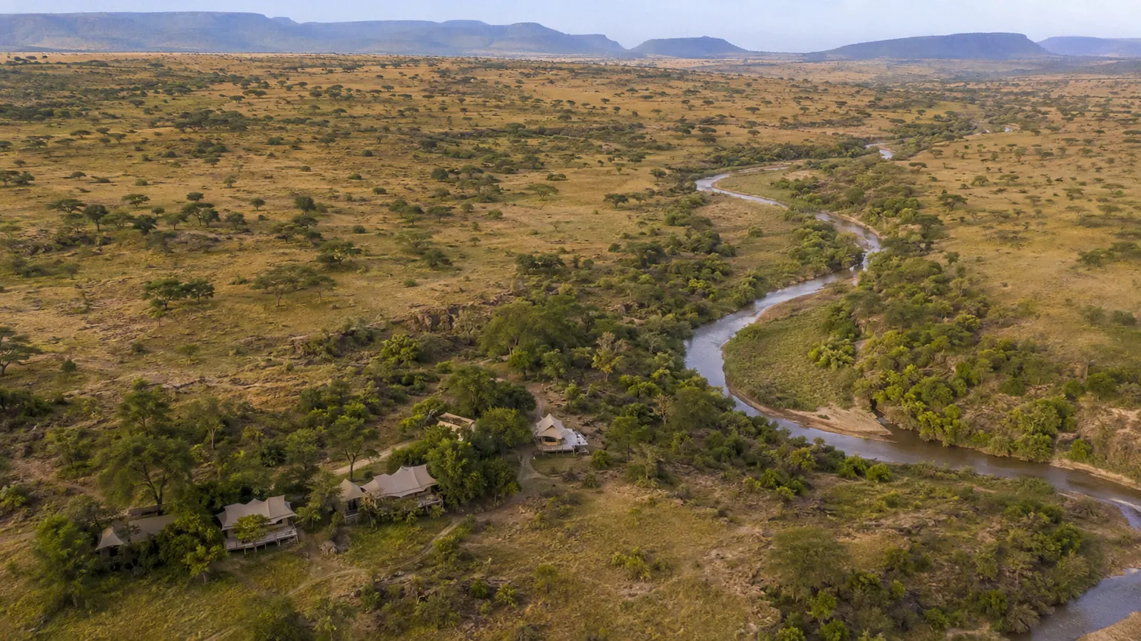 Aerial view of a private conservancy in the Laikipia Plateau with scattered acacia trees, a meandering river and a small luxury camp, Kenya landscape safari photography