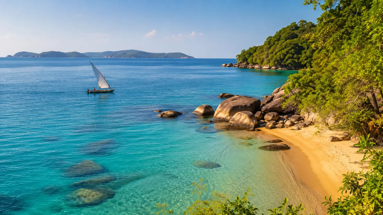 Crystal-clear turquoise waters of Lake Malawi seen from Mumbo Island with a traditional dhow sailboat and golden sandy beach, tropical freshwater paradise photography