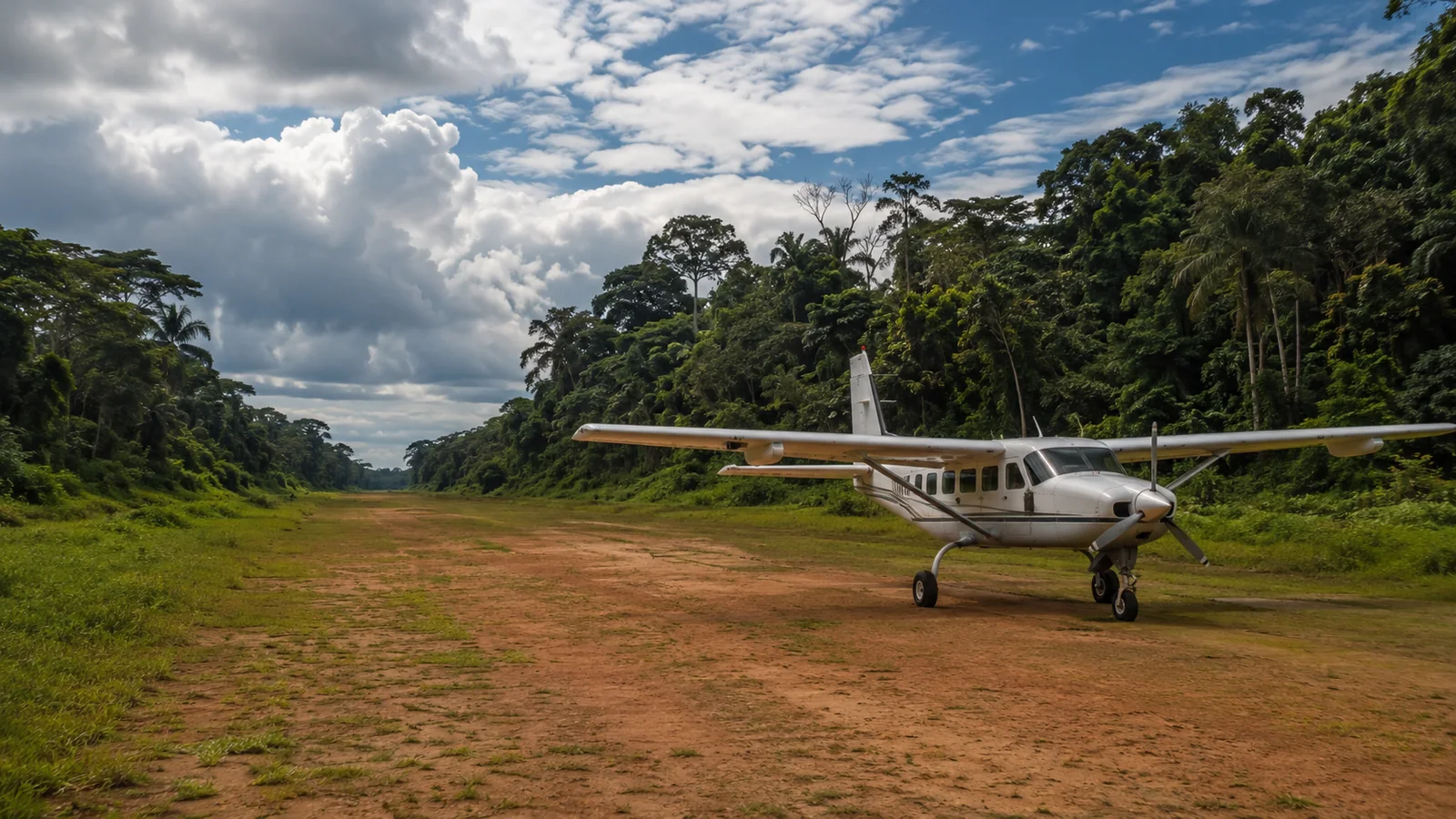Small bush plane on a remote airstrip surrounded by dense green rainforest in the Republic of Congo with dramatic cloud formations above, expedition-style safari travel photography