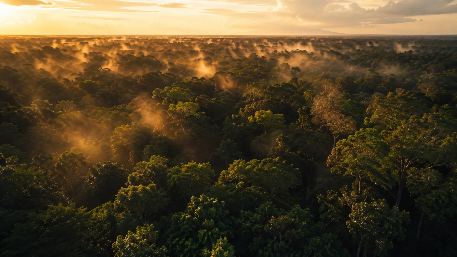 Dense canopy view of the Congo Basin rainforest at golden hour with mist rising from the treetops and warm light filtering through, atmospheric African rainforest photography