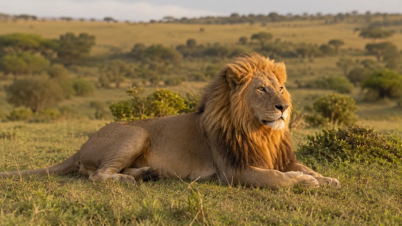 Male lion with full mane resting on a grassy plain in the Masai Mara at golden hour with warm savanna light, iconic African big five safari wildlife photography