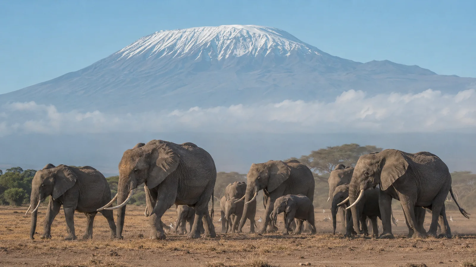 Large herd of elephants crossing a dusty plain in Amboseli National Park with Mount Kilimanjaro snow-capped behind, iconic African big five safari landscape photography