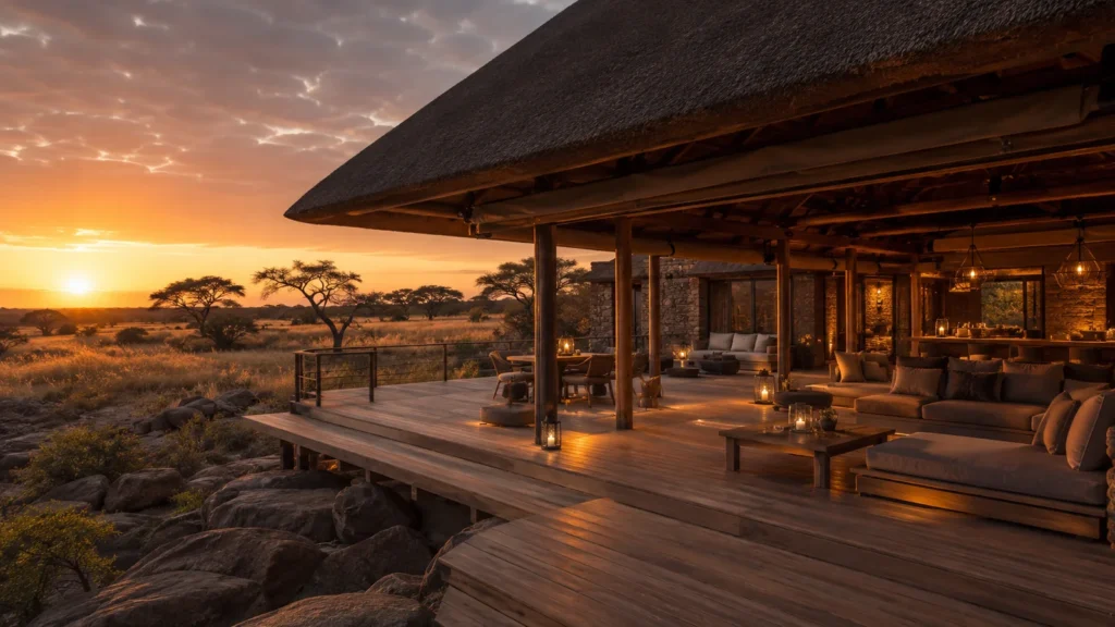 Luxury safari lodge exterior with open-plan lounge overlooking the African bush at sunset, warm lighting and contemporary des