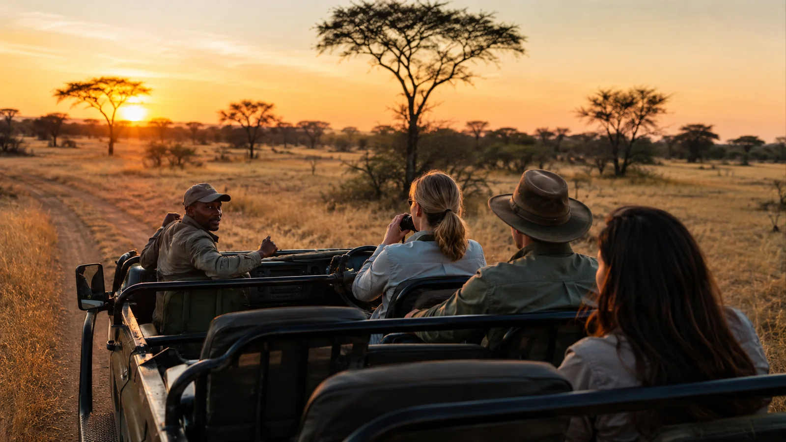 Open safari vehicle with expert guide and guests tracking wildlife at dawn in a private concession with golden grassland and scattered acacia trees, luxury safari guiding photography