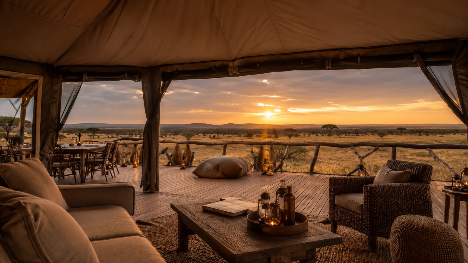 Luxury tented safari camp with canvas walls rolled up revealing the bush landscape at sunset, wooden deck with lanterns and comfortable furnishings, refined African safari accommodation photography