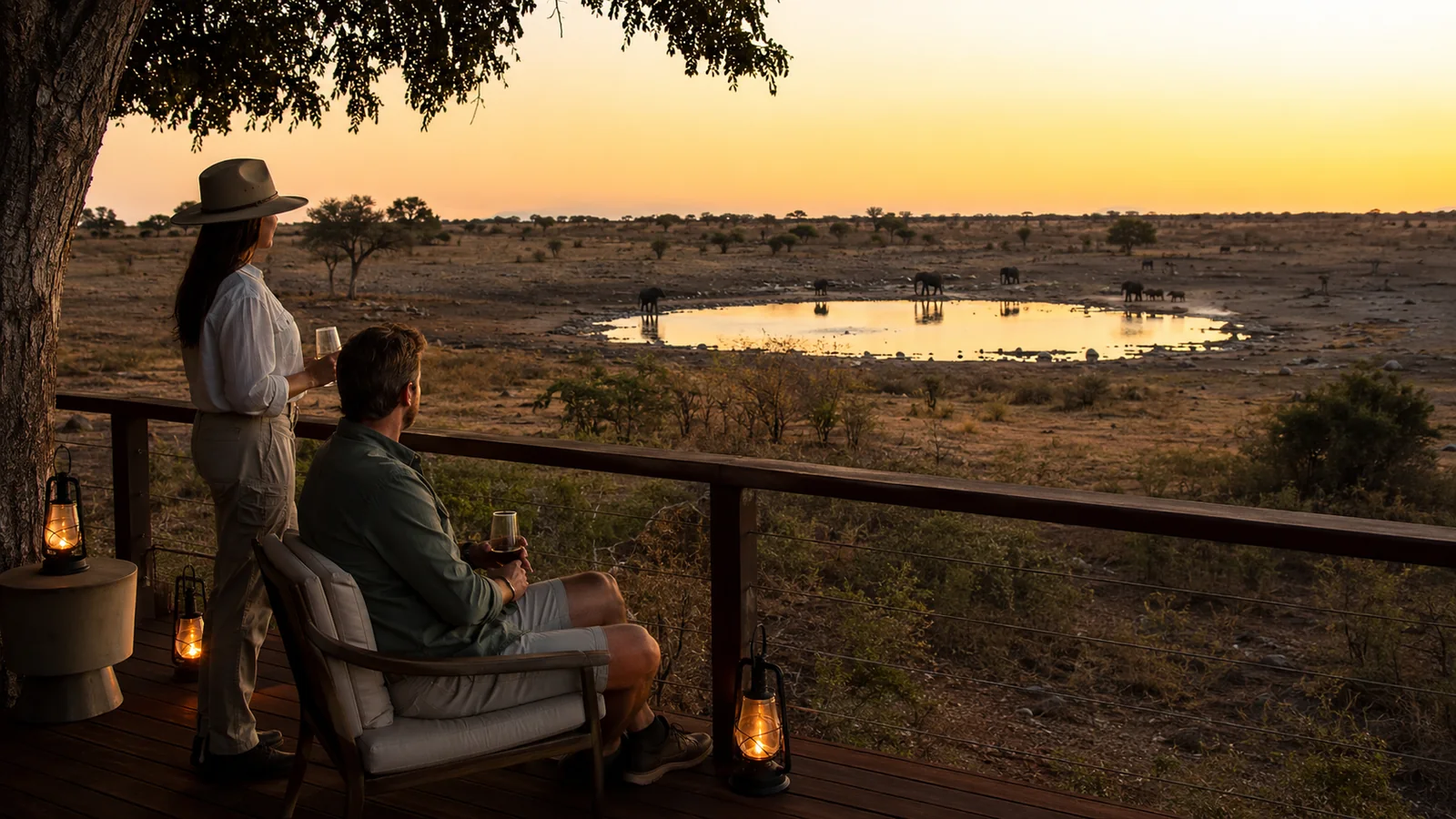 Couple on a private deck of a luxury safari lodge overlooking an African waterhole at sunset with elephants drinking in the distance, refined safari travel photography