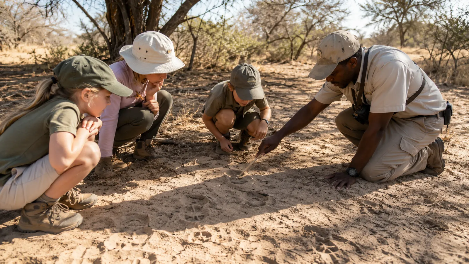 Children participating in a junior ranger bush tracking activity with a safari guide in the African bush, learning about animal tracks in the sand, family safari education photography
