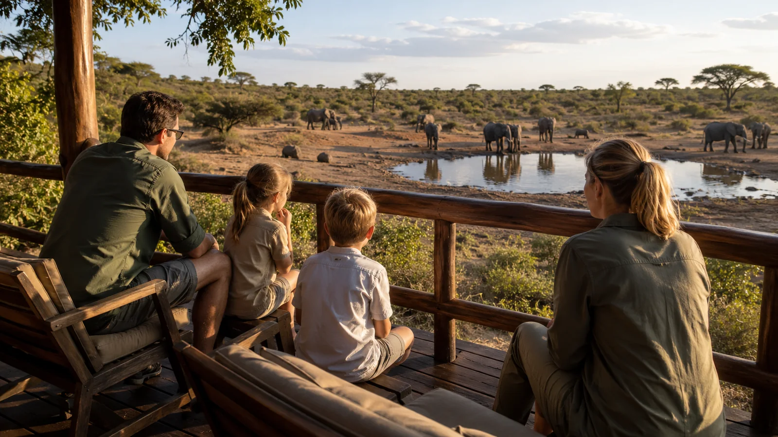 Family watching elephants from a raised wooden deck at a safari lodge with children seated safely behind a railing, golden afternoon light over the African bush, family safari viewing photography