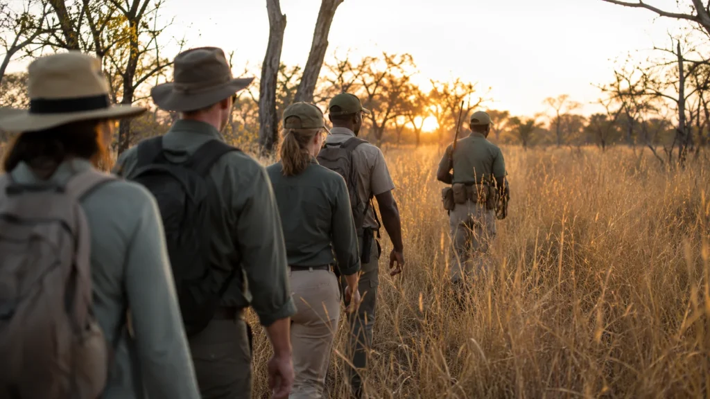 Walking safaris africa — small group walking through tall golden grass in the African bush with an armed guide leading at sun
