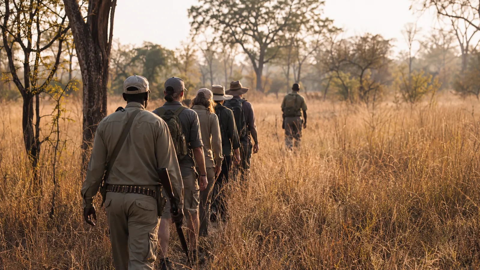 Small group of safari guests walking in single file through golden grass with an armed guide leading and a tracker ahead in the African bush, guided bush walk photography