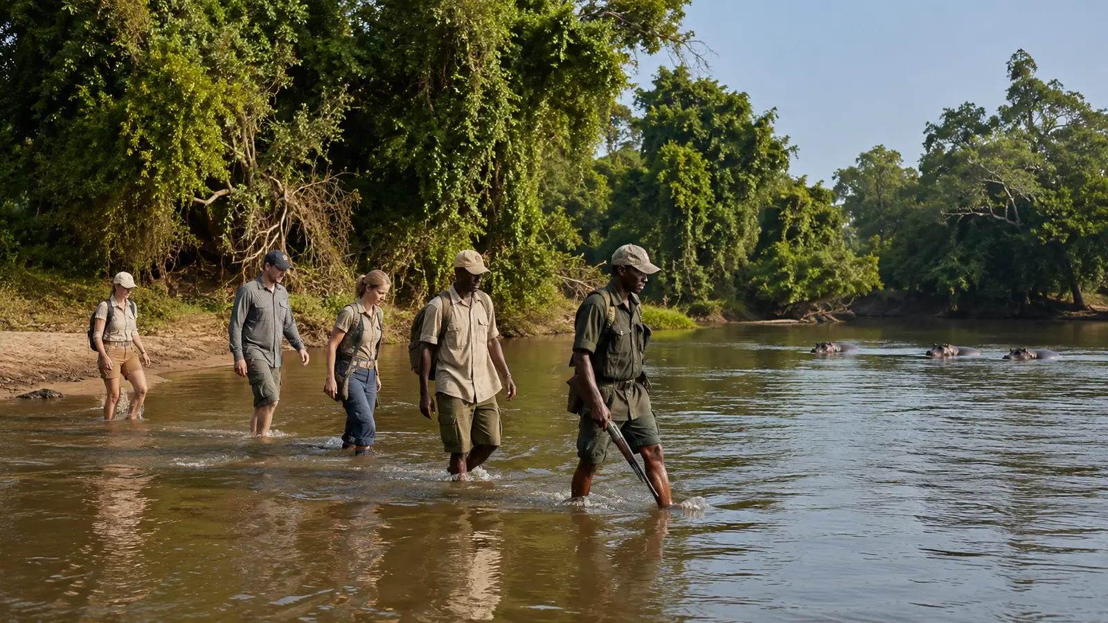 Walking safari guests crossing a shallow river in South Luangwa National Park Zambia with lush green riverine forest and hippos visible downstream, authentic bush walk safari photography