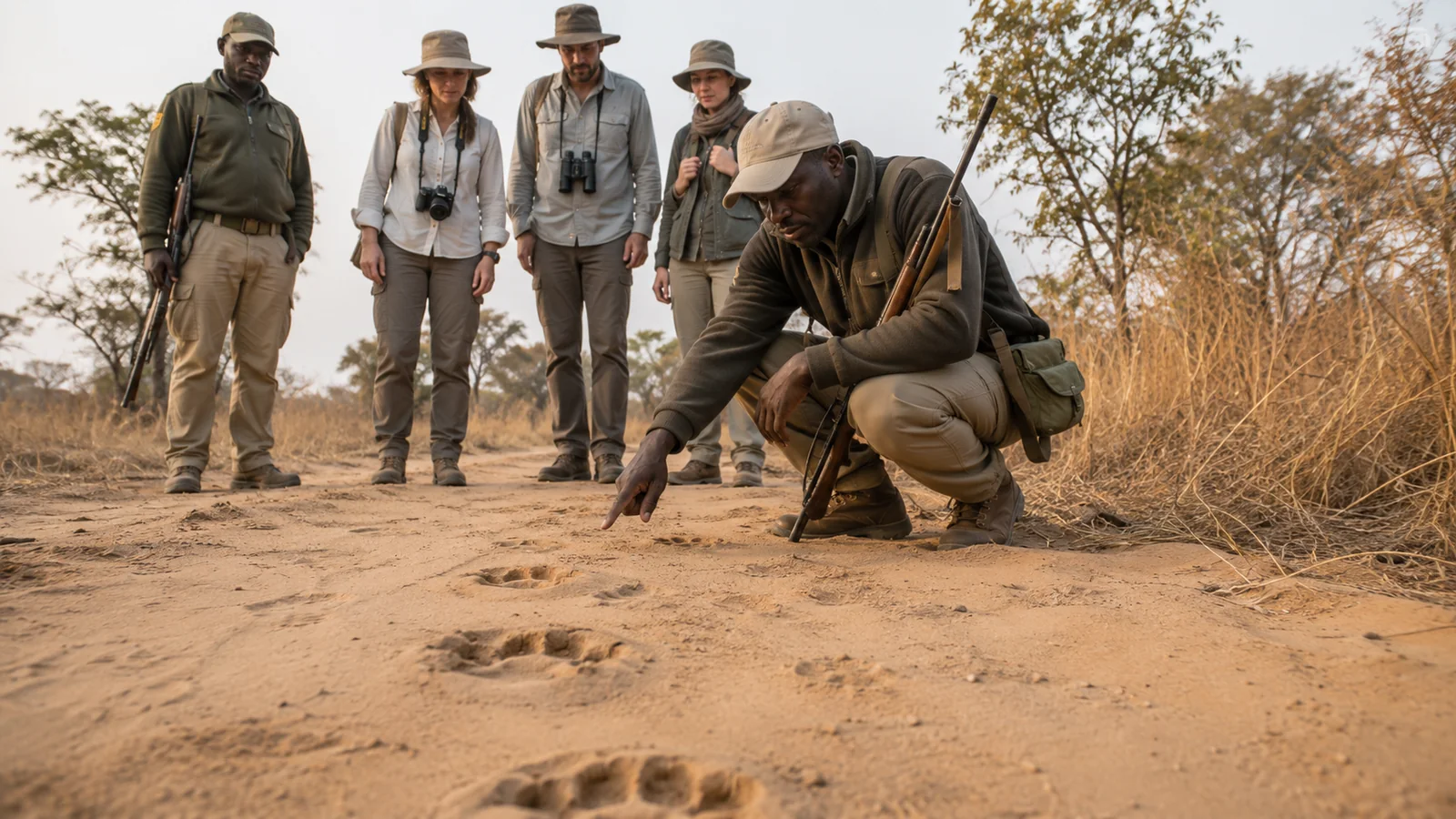 Armed safari guide crouching to examine fresh lion tracks in sandy soil with walking safari guests watching closely behind in the African bush, tracking and guiding photography