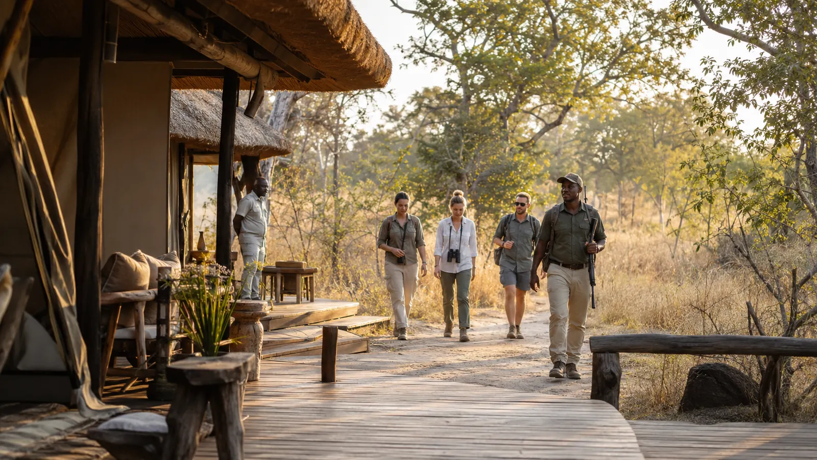 Safari guests returning to a luxury tented camp after a morning bush walk with golden morning light and the African bush behind them, walking safari return photography