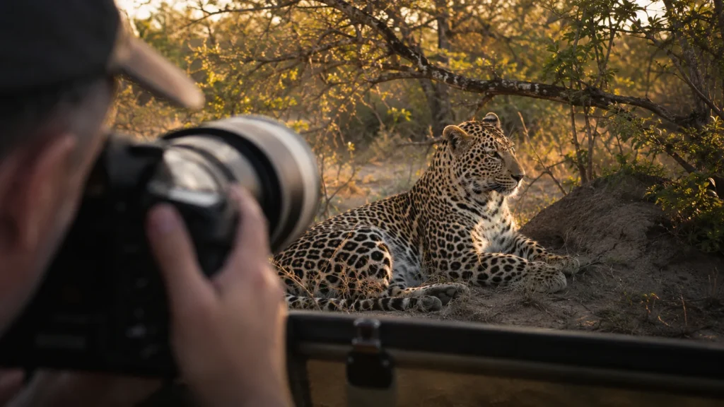 Photographic safari — professional camera with telephoto lens capturing a leopard in golden hour light from an open safari ve