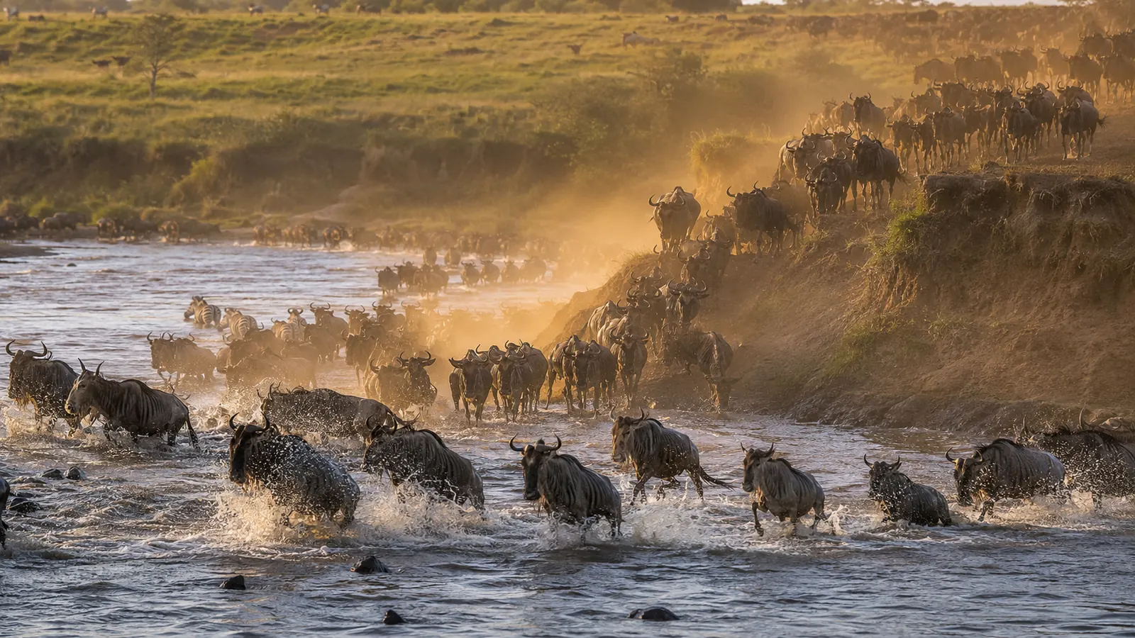 Wildebeest herd crossing the Mara River during the Great Migration with dramatic splashing water and golden dust clouds, Masai Mara wildlife photography safari